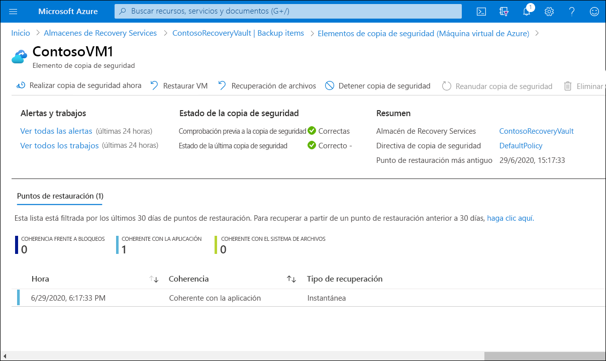 A screenshot of the ContosoVM1 | Backup Item blade in the Azure portal. One Restore point is listed.