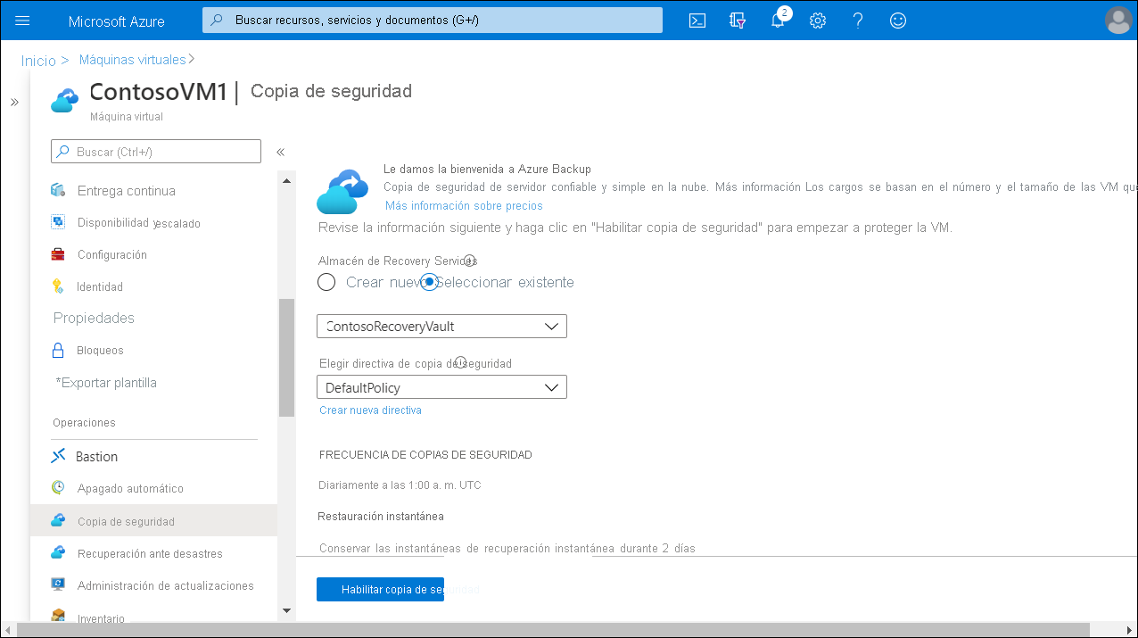 A screenshot of the ContosoVM1 virtual machine Backup blade. The Recovery Services vault ContosoRecoveryVault is selected.