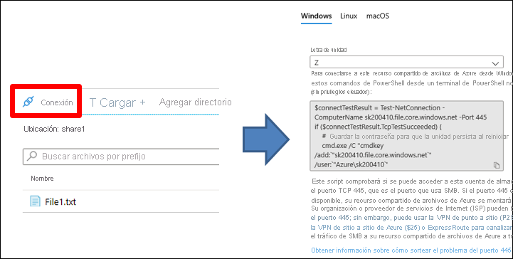 Captura de pantalla del script que ofrece Azure Portal para conectar con un recurso compartido de archivos de Azur. Está seleccionada la opción 