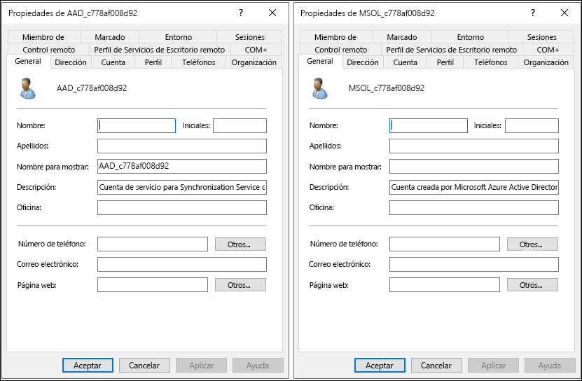 A screenshot of Active Directory Users and Computers. The administrator has opened two accounts: MSOL_c778af008d92 and AAD_c778af008d92. The General tab is selected for both accounts. 