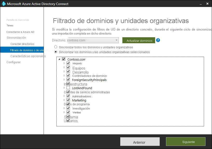 A screenshot of the Microsoft Entra Connect Wizard, Domain/OU Filtering tab. The administrator has selected the Sync selected domains and OU options, in addition to the various OUs from the returned Contoso.com list. 