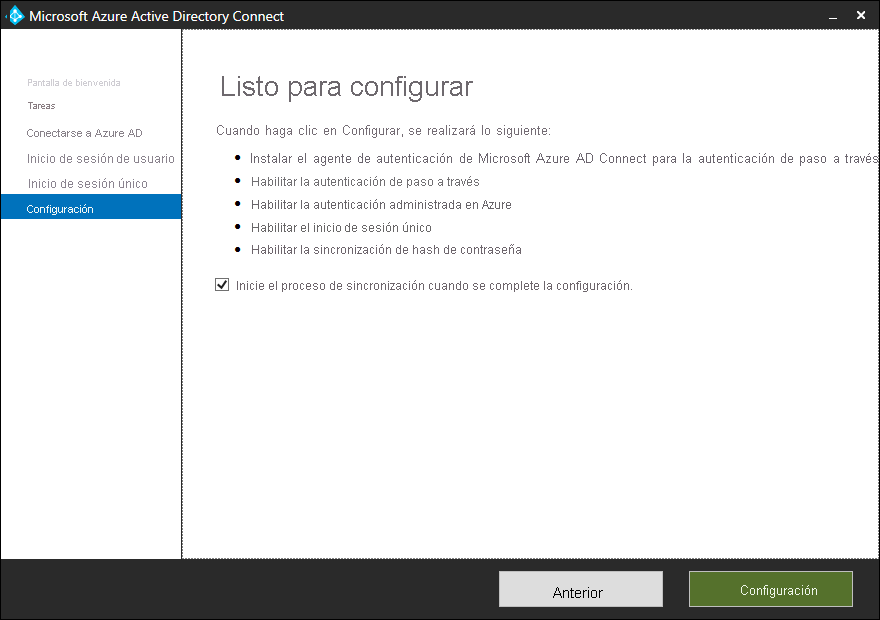 A screenshot of the Microsoft Entra Connect Configuration Wizard, Configure page. The wizard is ready to configure the following settings: install the Microsoft Entra Connect Authentication Agent for pass-through authentication, enable pass-through authentication, enable managed authentication in Azure, enable SSO, and enable password hash synchronization. The administrator has selected the Start the synchronization process when configuration completes check box. 