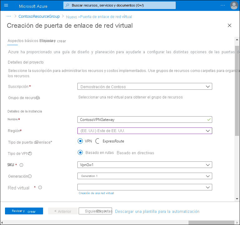 A screenshot of the Create a virtual network gateway page. The administrator has defined the subscription. The Name is ContosoVPNGateway, in the East US region. Gateway type is VPN, and VPN type is Route-based.