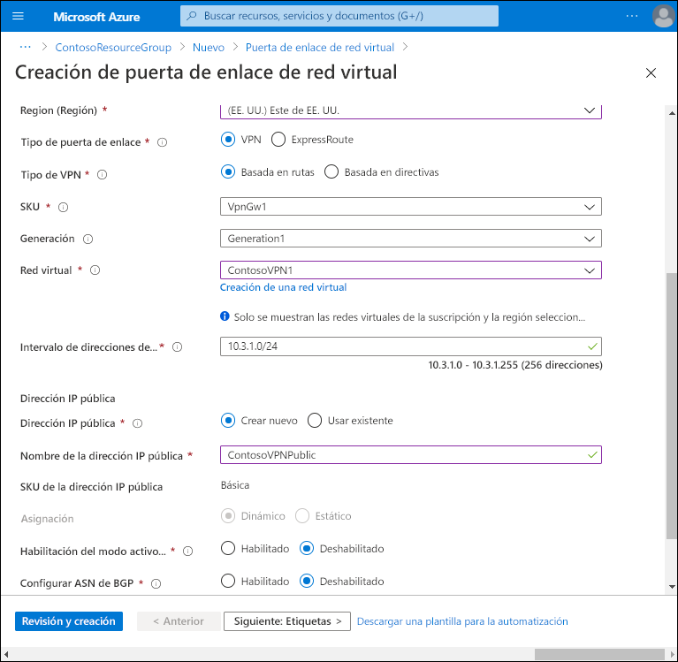 A screenshot of the Create a virtual network gateway page. The administrator has selected the Gateway subnet address range (10.3.1.0/24) and has opted to create a new Public IP address called ContosoVPNPublic. Other options are disabled..