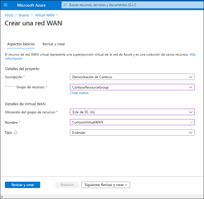 A screenshot of the Create WAN blade, Basics tab. The administrator has configured the basic properties of subscription, resource group, and location. The Name is defined as ContosoVirtualWAN, and the Type is Standard.