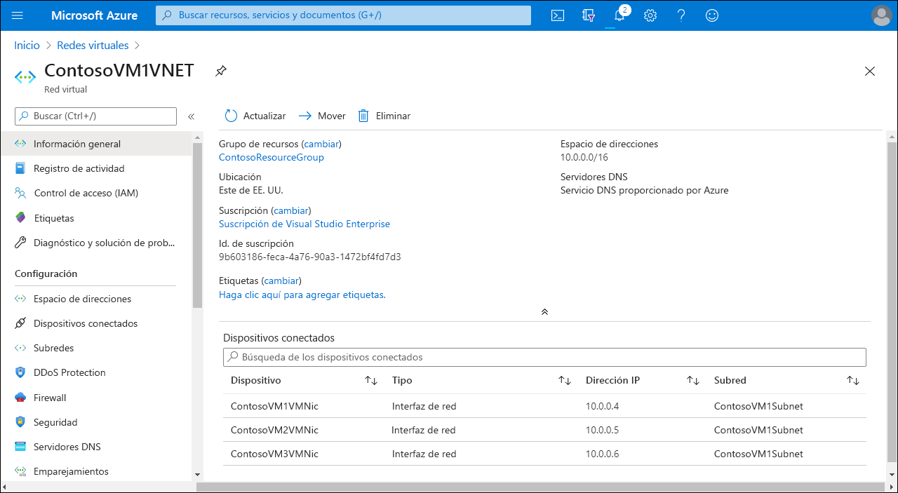 A screenshot of the Overview page in the Azure portal, of a VNet interface called ContosoVM1VNET. Three connected devices are listed: ContosoVM1VMNIC, ContosoVM2VMNIC, and ContosoVM3VMNIC.