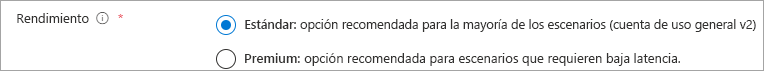 Captura de pantalla del botón de radio Rendimiento con la opción Estándar seleccionada y el Tipo de cuenta con la opción StorageV2 seleccionada.