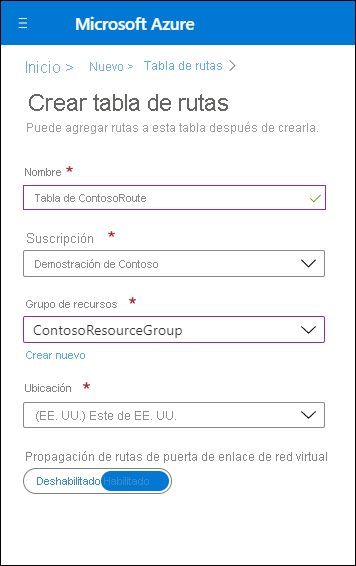 Captura de pantalla de la página Crear tabla de rutas en Azure Portal. El administrador ha definido el nombre como ContosoRouteTable y ha seleccionado Habilitado para el valor de propagación de rutas de la puerta de enlace de red virtual.