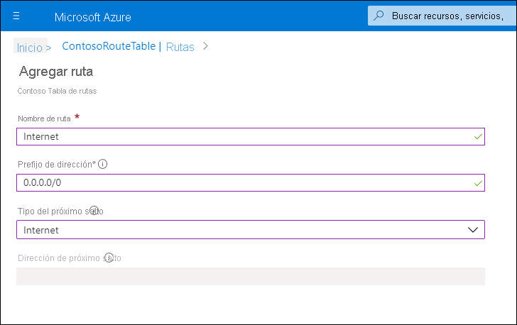 Captura de pantalla de la página Agregar ruta en Azure Portal. El administrador ha definido el nombre de la ruta como Internet, el prefijo de dirección como 0.0.0.0/0 y el tipo del próximo salto como Internet.