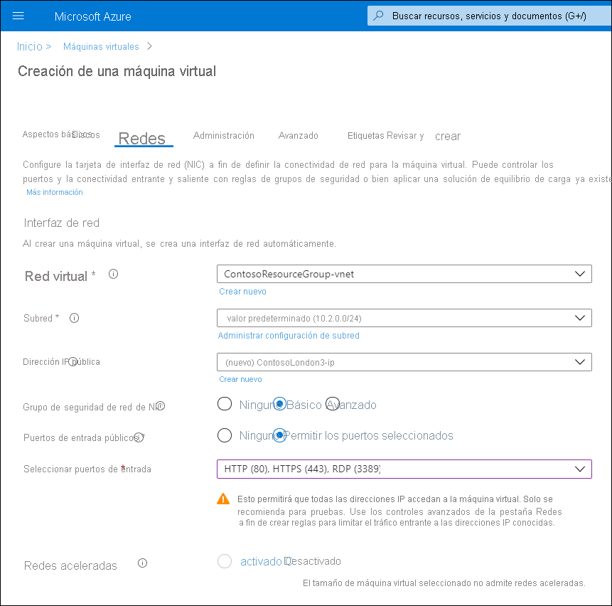 Captura de pantalla de la página Crear una máquina virtual en el Azure Portal. El administrador ha aceptado la configuración predeterminada de esta máquina virtual en ContosoResourceGroup. El dispositivo está conectado a la red ContosoResourceGroup-vnet y se asigna a una subred IPv4 privada. La máquina virtual también tiene una dirección IPv4 pública predeterminada.