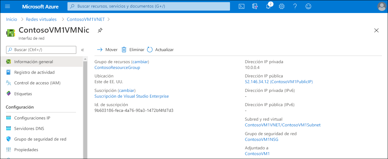 Captura de pantalla de la página ContosoVM1VMNic en Azure Portal. Se muestran la dirección IP privada (10.0.0.4) y la dirección IP pública (52.146.34.12) (ContosoVM1PublicIP).