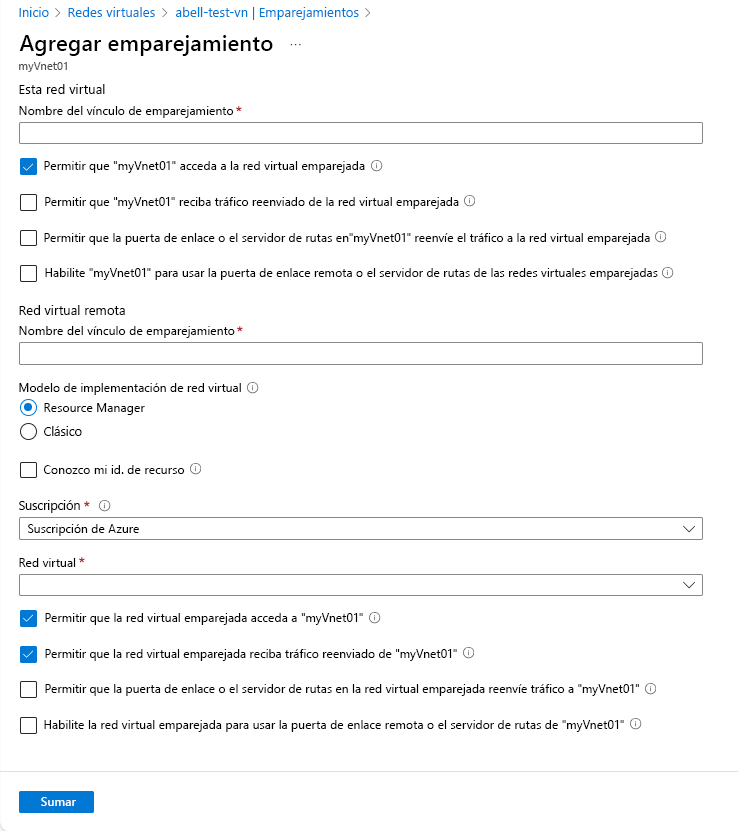 Captura de pantalla de la página de configuración del emparejamiento de red virtual.