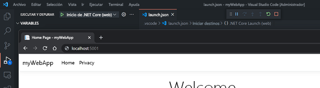 Captura de pantalla de la aplicación web de Visual Studio Code.