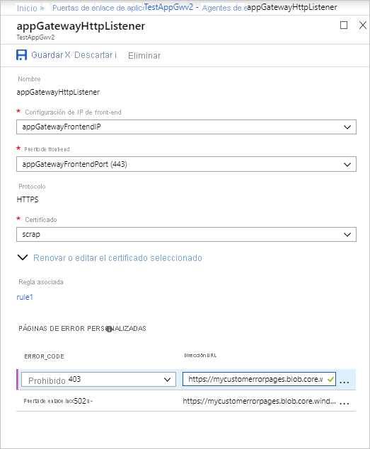 Captura de pantalla de la configuración del agente de escucha de Application Gateway.