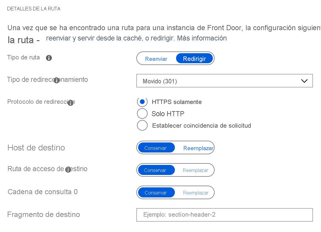 Captura de pantalla de los detalles de la ruta de Azure Portal.