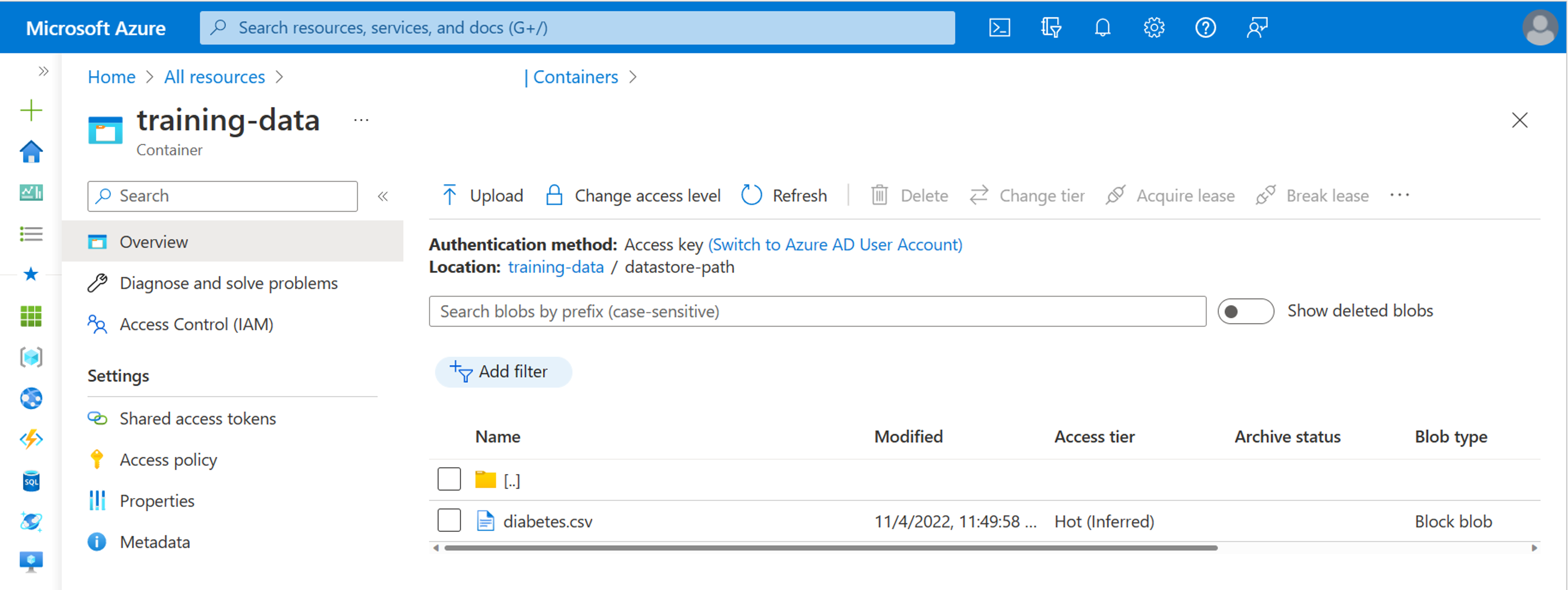 Captura de pantalla de los datos almacenados en una instancia de Azure Blob Storage.