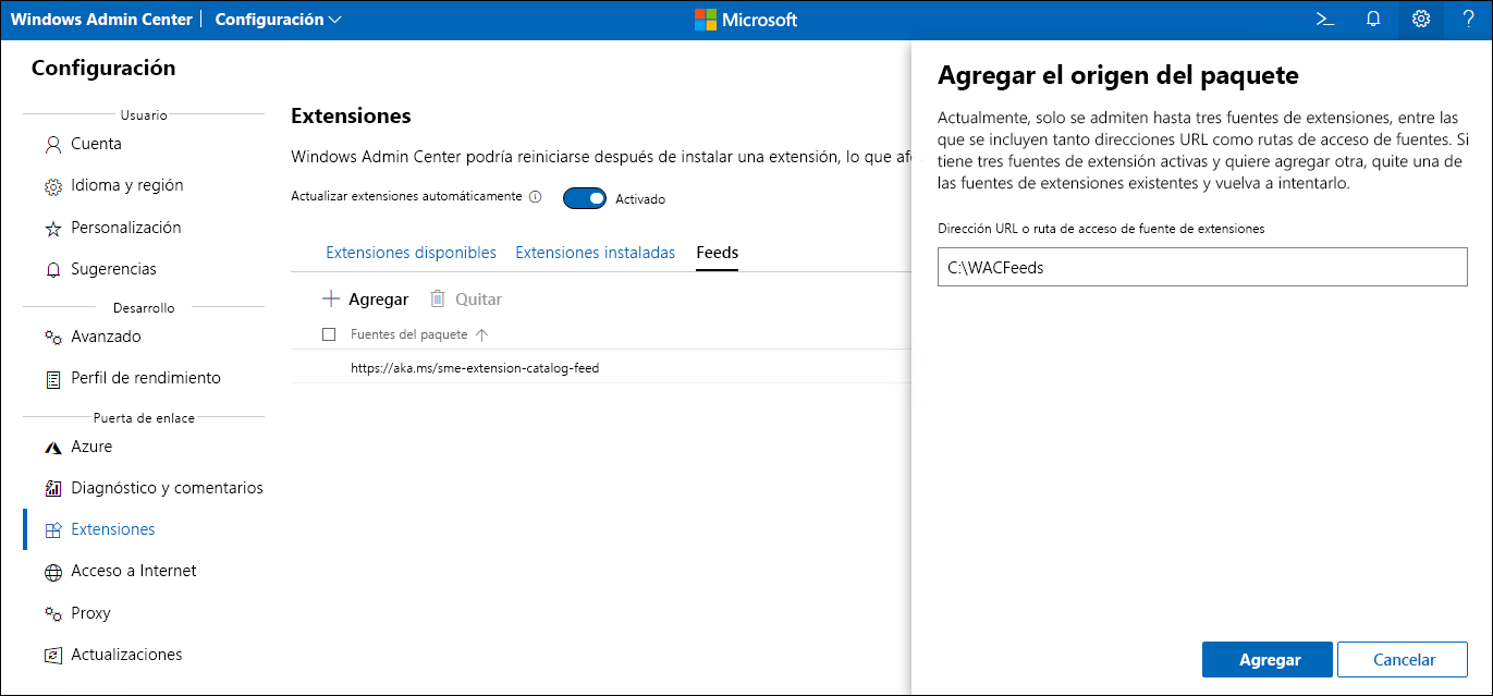 En la captura de pantalla se muestra el panel Agregar origen del paquete del administrador de extensiones de Windows Admin Center.