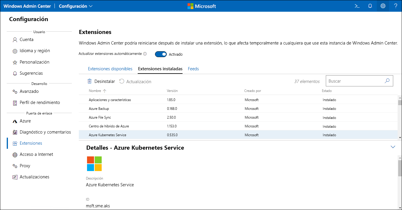 En la captura de pantalla se muestra la extensión de AKS instalada en Windows Admin Center.