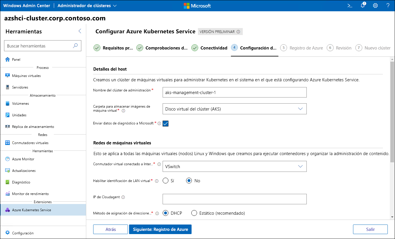 En la captura de pantalla se muestra el paso de configuración del host del Asistente de configuración de Azure Kubernetes Service en Windows Admin Center.