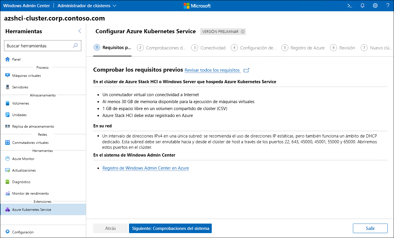 En la captura de pantalla se muestra el paso de requisitos previos del Asistente de configuración de Azure Kubernetes Service en Windows Admin Center.