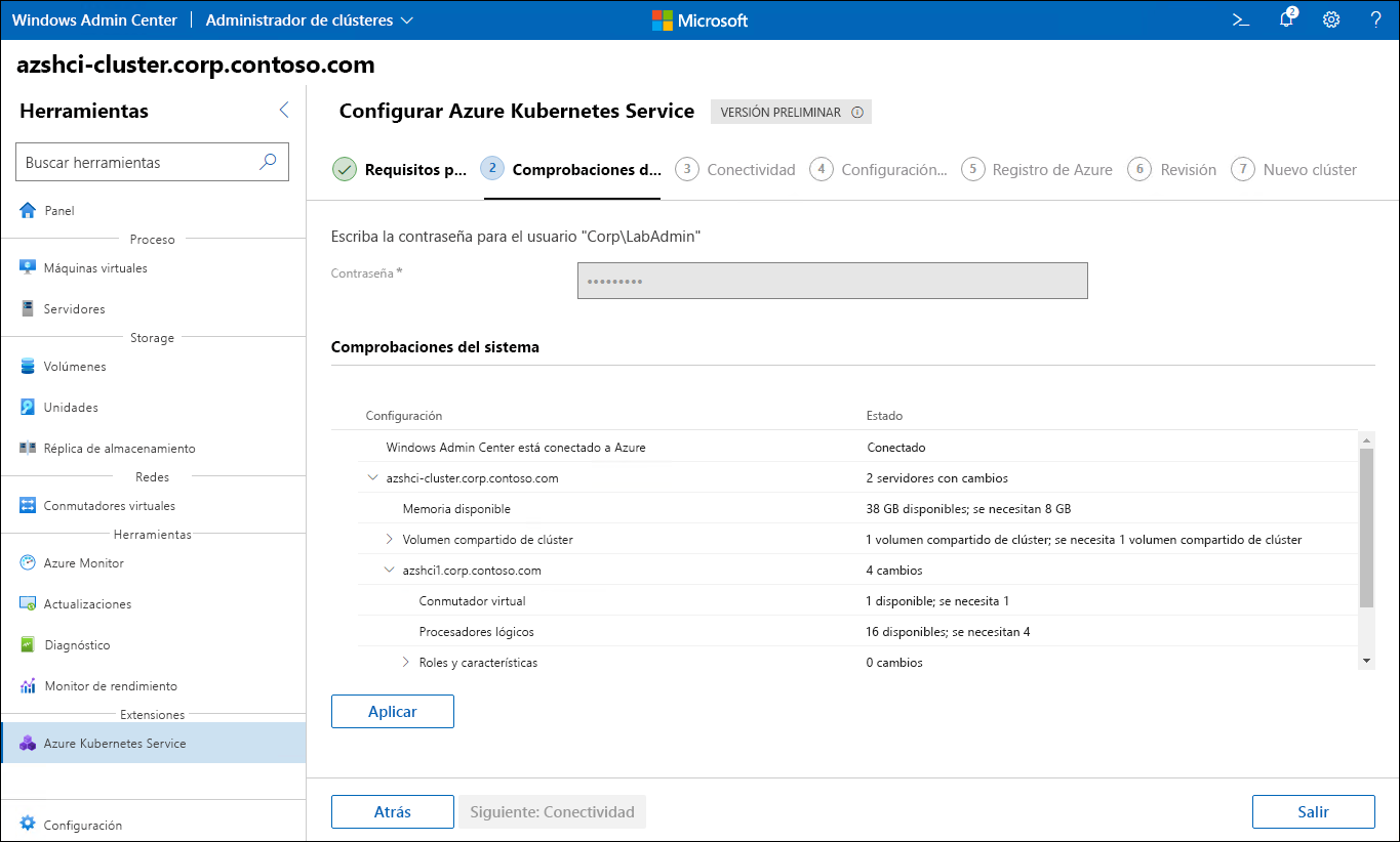 En la captura de pantalla se muestra el paso de requisitos previos del Asistente de configuración de Azure Kubernetes Service en Windows Admin Center.