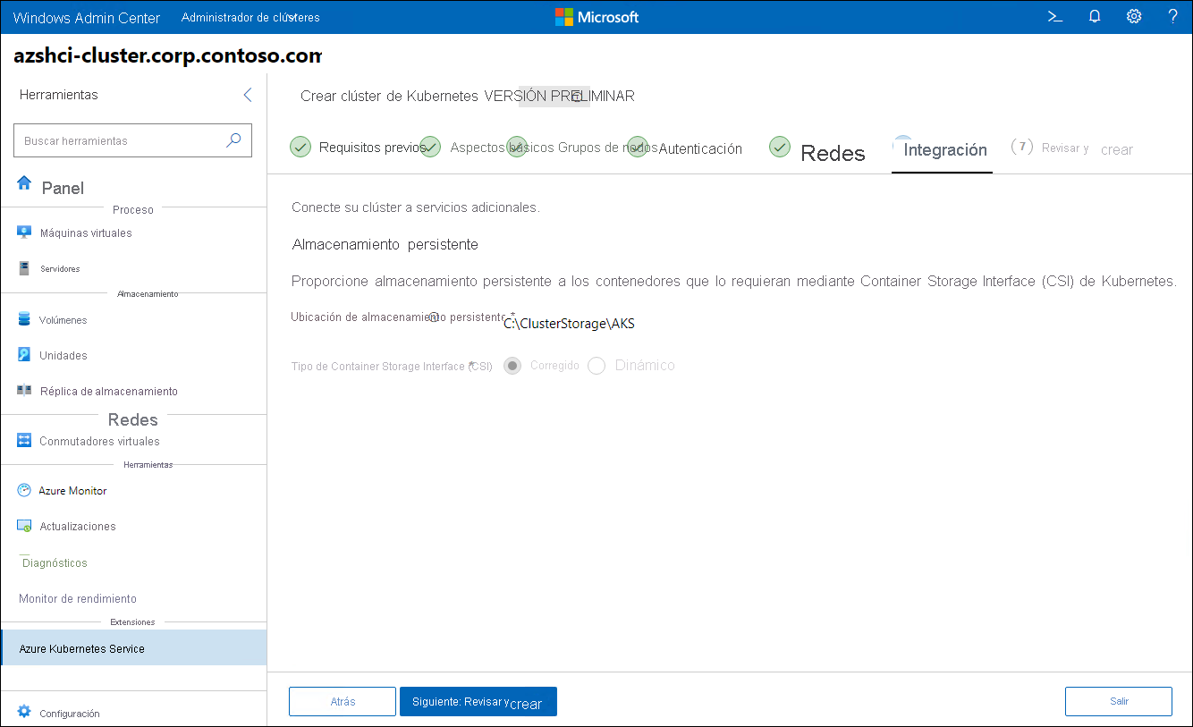 La captura de pantalla representa el paso Integración del Asistente para crear clúster de Kubernetes en Windows Admin Center.