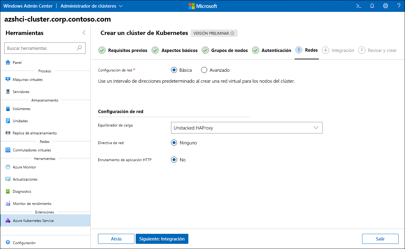 La captura de pantalla representa el paso Redes del Asistente para crear clúster de Kubernetes en Windows Admin Center.