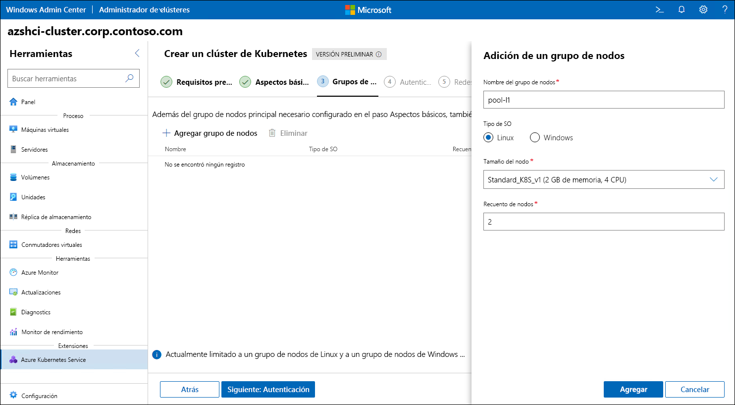 La captura de pantalla representa la hoja Agregar un grupo de nodos del Asistente para crear clúster de Kubernetes en Windows Admin Center.