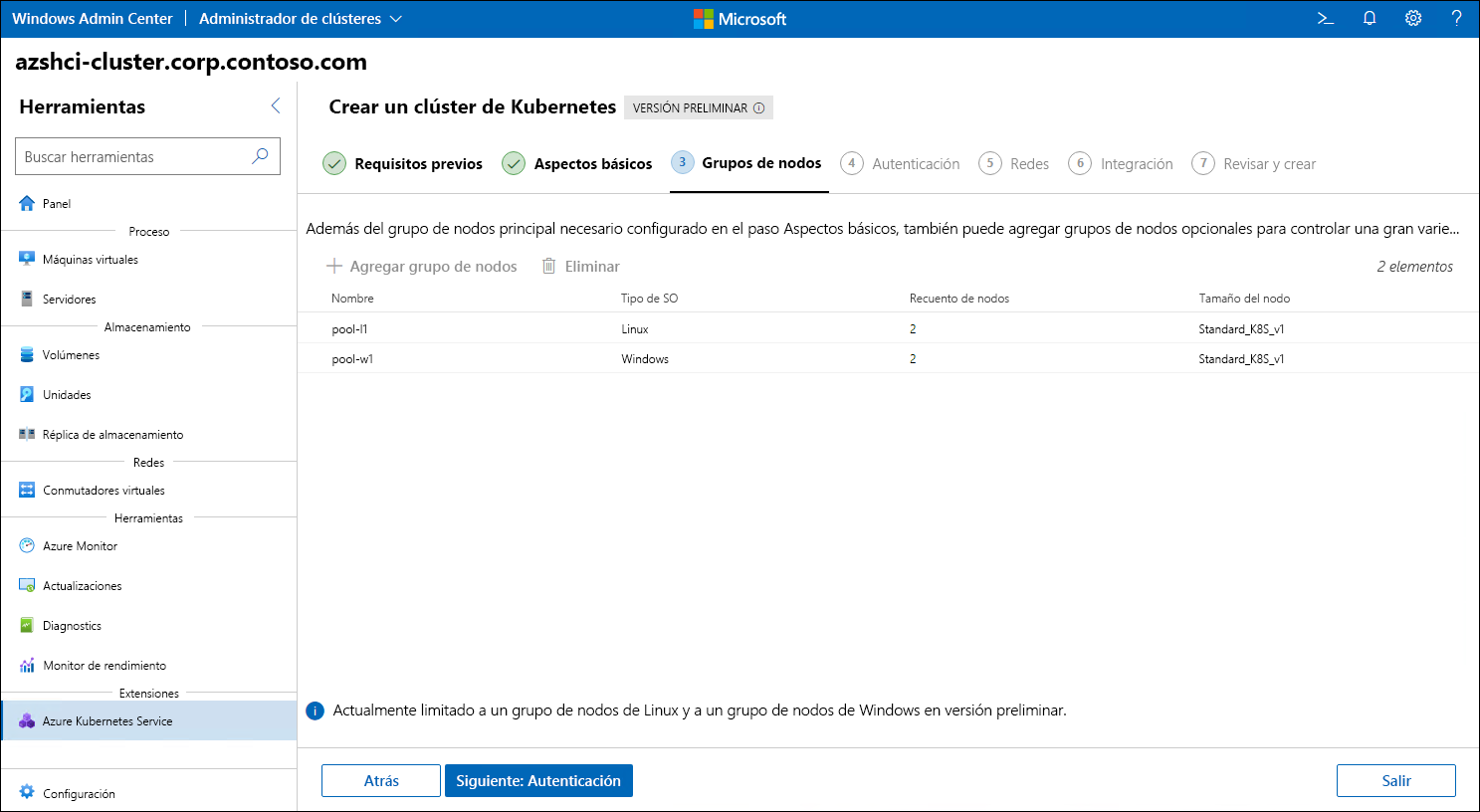 La captura de pantalla representa el paso Grupos de nodos del Asistente para crear clúster de Kubernetes en Windows Admin Center.