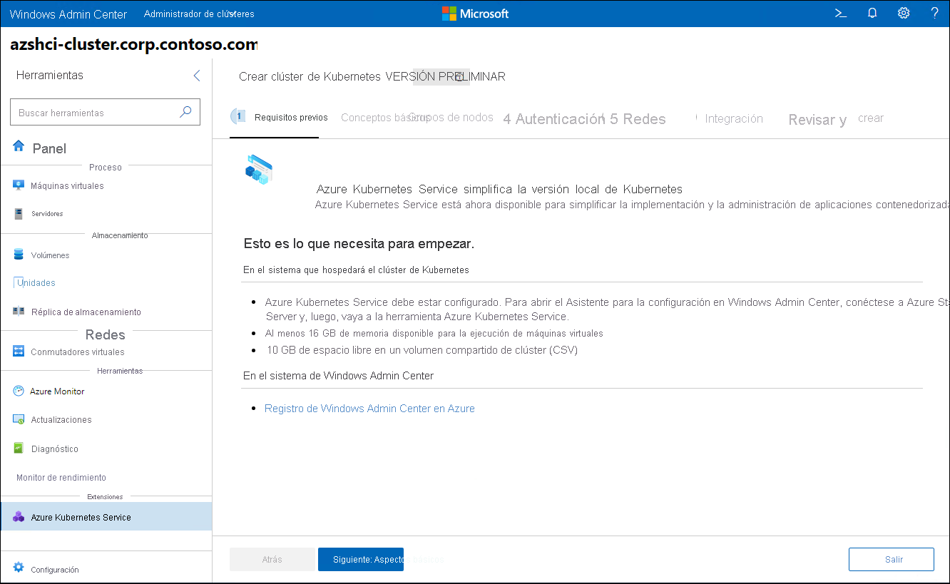 La captura de pantalla representa el paso de requisitos previos del Asistente para crear clúster de Kubernetes en Windows Admin Center.