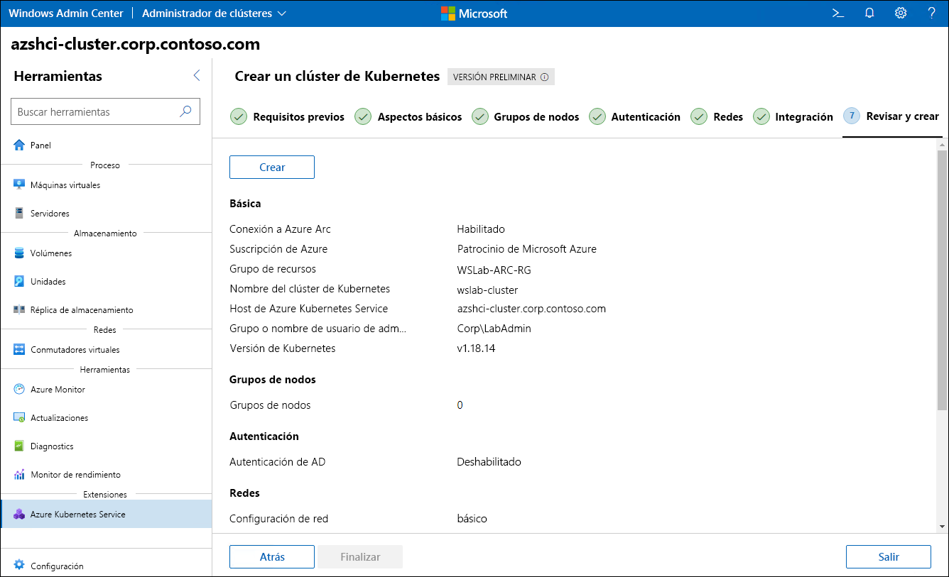 La captura de pantalla representa el paso Revisar y crear del Asistente para crear clúster de Kubernetes en Windows Admin Center.