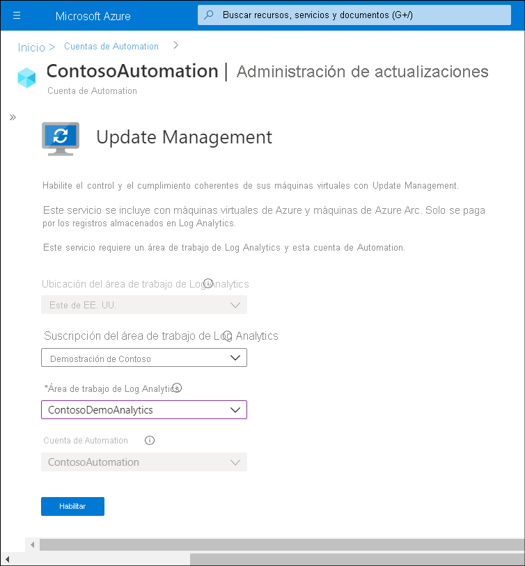 Captura de pantalla en la que se muestra que el administrador ha seleccionado la administración de actualizaciones en una cuenta del área de trabajo de Log Analytics y en una cuenta de Automation.