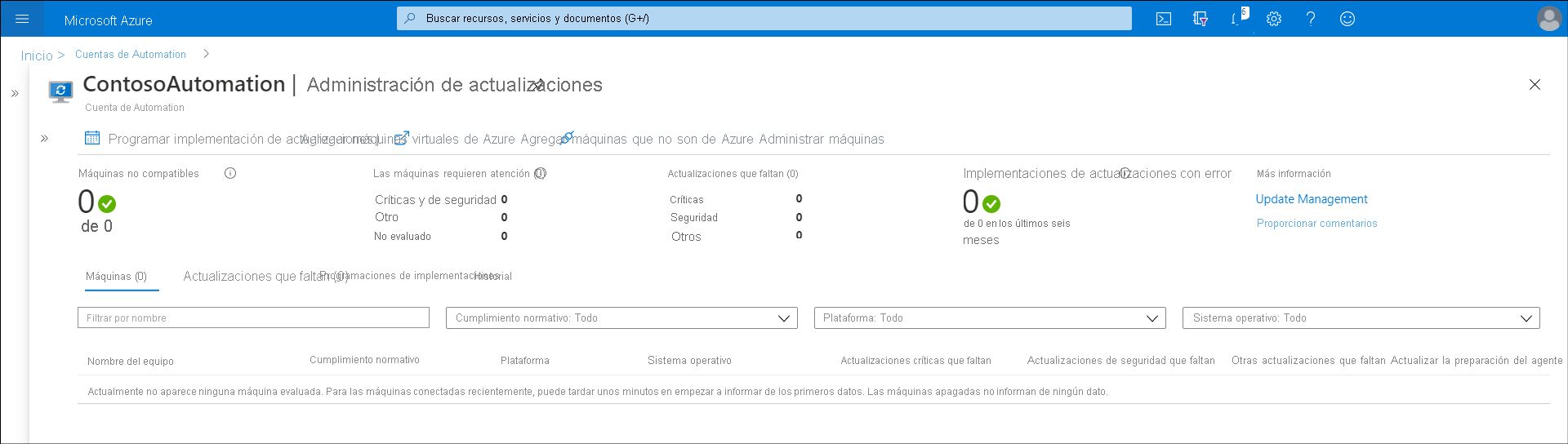 Una captura de pantalla de la hoja Administración de actualizaciones de Azure Portal. El administrador ha habilitado la administración de actualizaciones, pero todavía no hay ningún servidor incorporado.