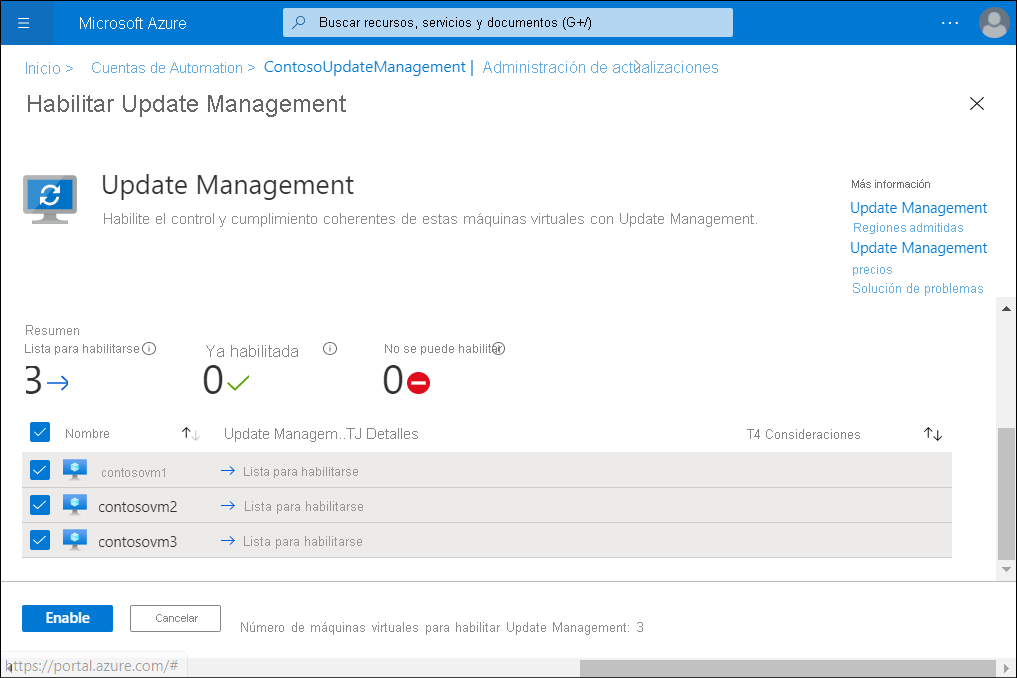 Una captura de pantalla en la que se muestra la hoja Habilitación de Update Management de Azure Portal. El administrador ha seleccionado tres máquinas virtuales para incorporarlas.