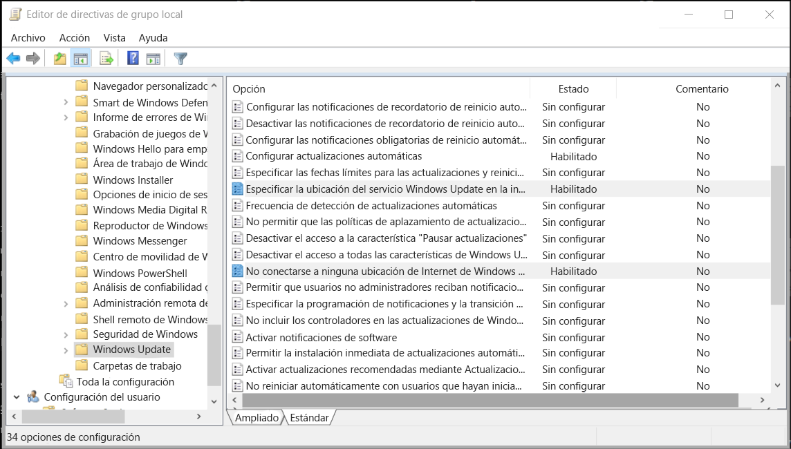 Captura de pantalla del Editor de directivas de grupo en Windows. El administrador ha accedido a la carpeta Windows Update y ha configurado los valores Configurar Actualizaciones automáticas, Especificar la ubicación del servicio Microsoft Update en la intranet y No conectar con ninguna ubicación de Internet de Windows Update.