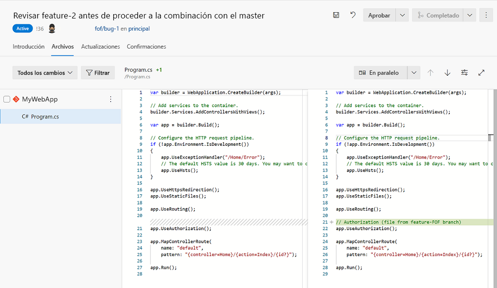 Captura de pantalla de la extensión de la resolución de conflictos de fusión mediante combinación a partir de la solicitud de incorporación de cambios de Git.