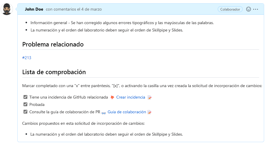 Screenshot of open a pull request representation with description field, related issue and a checklist template.