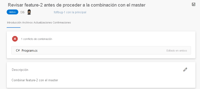 Captura de pantalla de los conflictos de fusión mediante combinación a partir de la solicitud de incorporación de cambios.