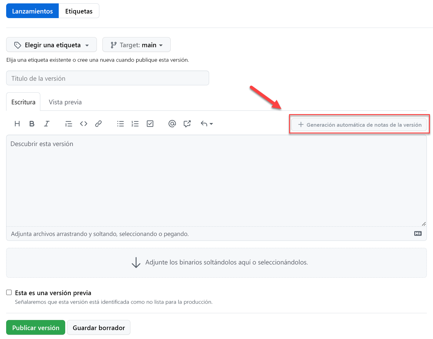 Captura de pantalla del proceso de creación de notas de la versión desde GitHub.