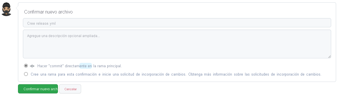 Captura de pantalla del proceso de confirmación de un archivo nuevo en GitHub.