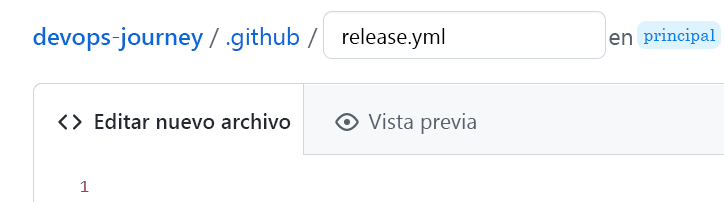 Captura de pantalla del proceso de creación de un archivo release.yml en GitHub.