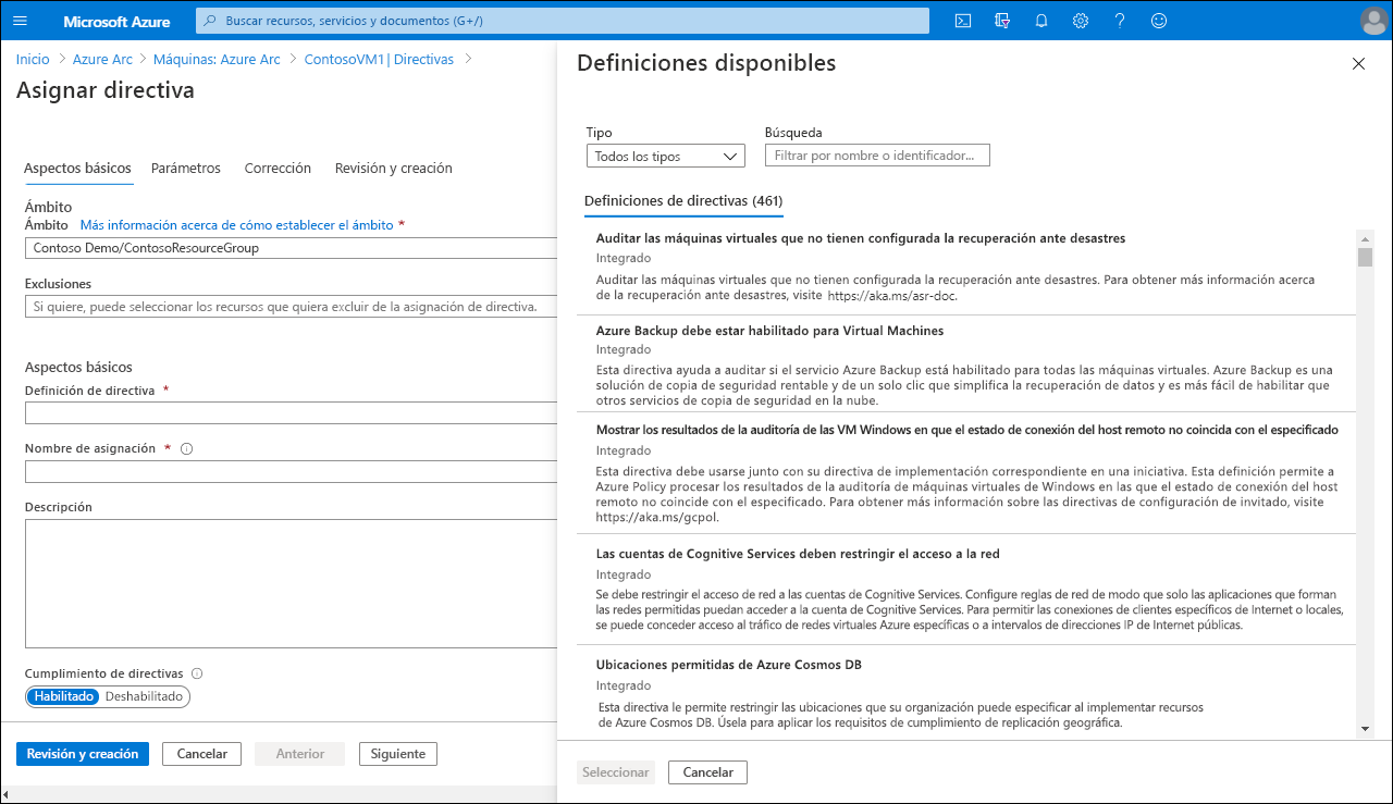 A screenshot of the Assign policy page in the Azure portal. The administrator is selecting from a list of available policies.