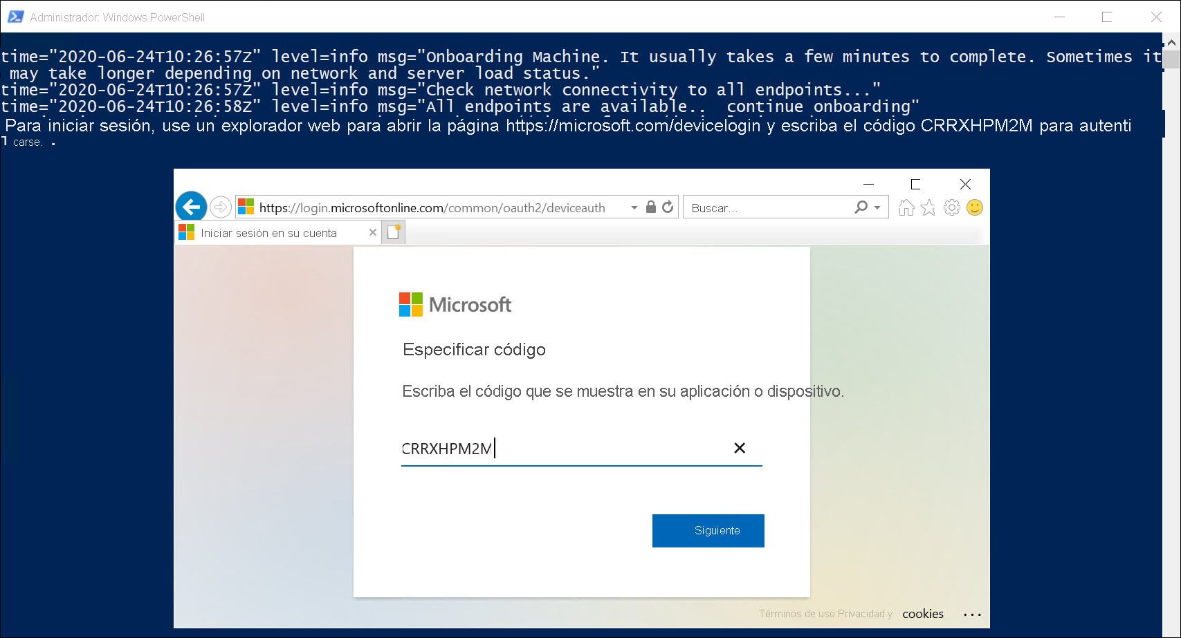 Captura de pantalla del administrador: Ventana de Windows PowerShell con el script de instalación en ejecución. El administrador escribe un código de seguridad para confirmar su intención de incorporar la máquina.