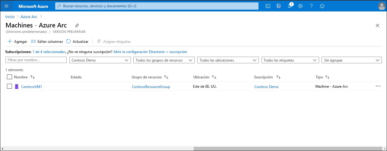 Captura de pantalla de la página Máquinas: Azure Arc en Azure Portal. Se muestra un solo equipo: ContosoVM1.