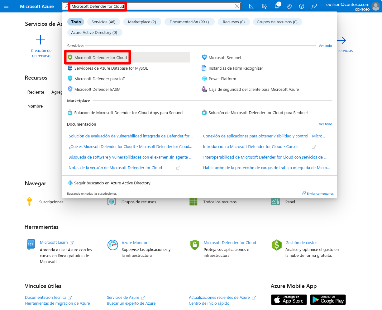 Captura de pantalla de Azure Portal con Microsoft Defender for Cloud seleccionado.