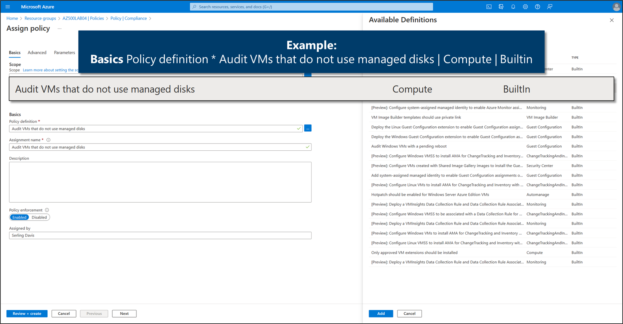 Captura de pantalla que muestra un ejemplo de una definición de directiva básica para auditar las máquinas virtuales sin discos administrados.