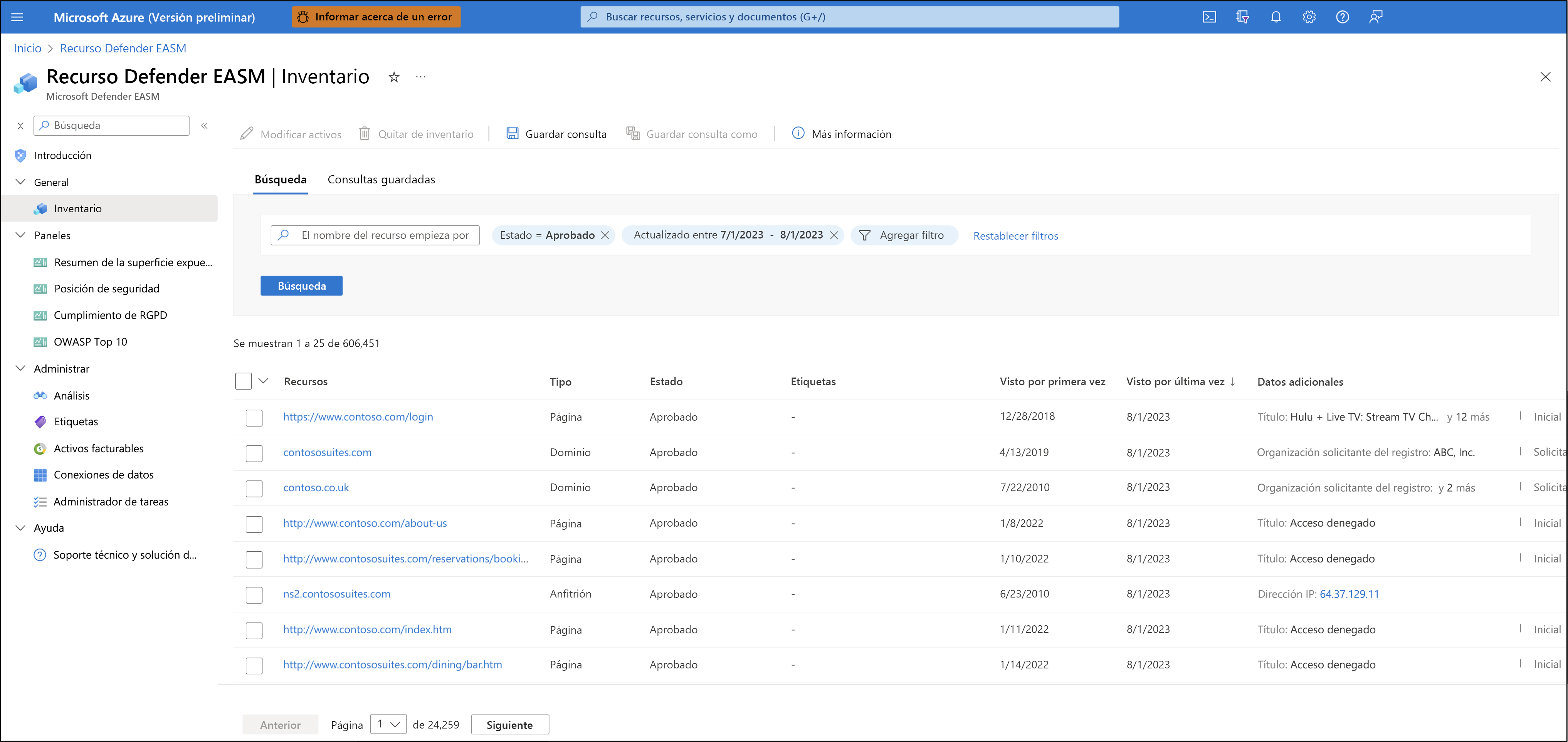 Screenshot showing the Microsoft Defender External Attack Surface Management inventory page.