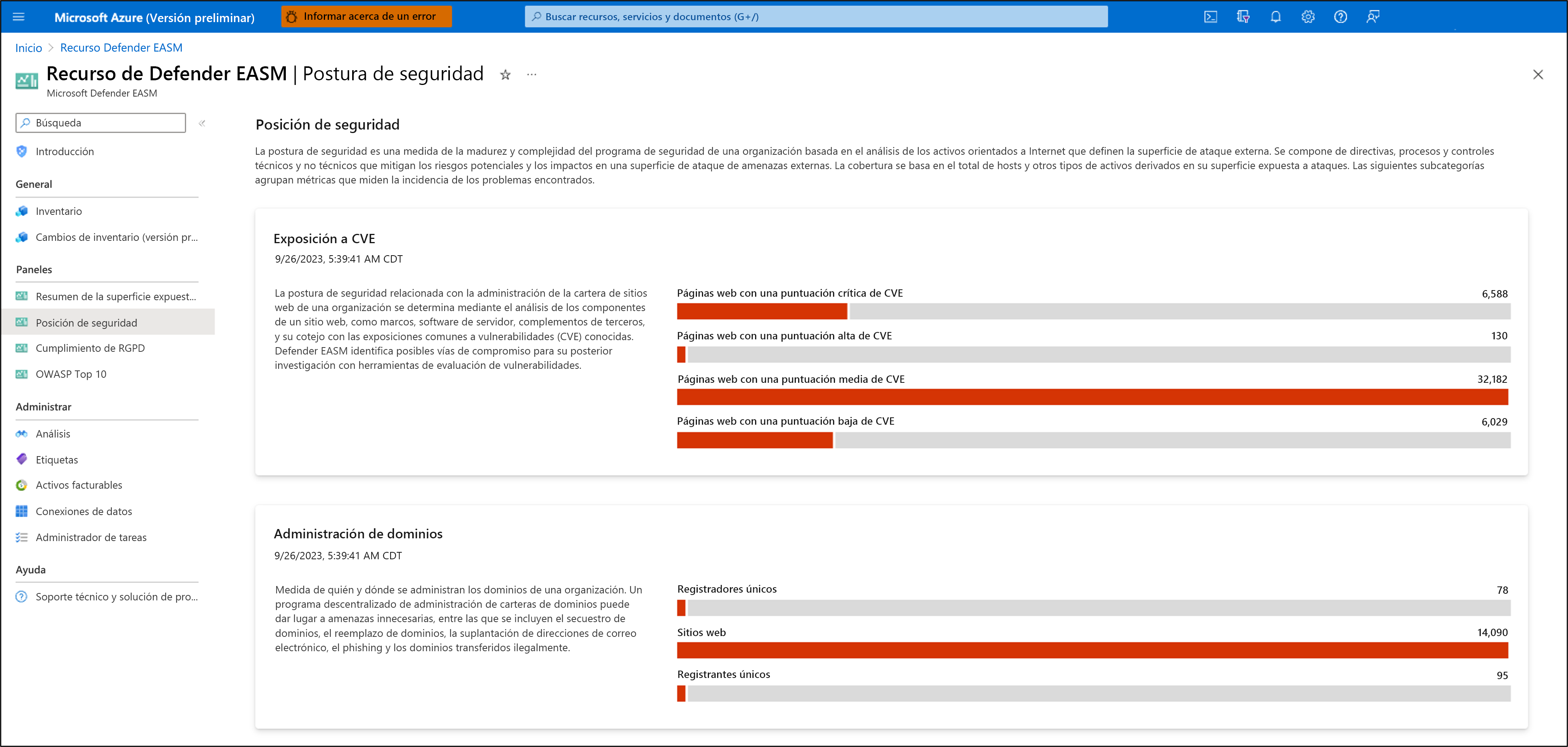 Screenshot showing the Microsoft Defender External Attack Surface Management Security posture page.