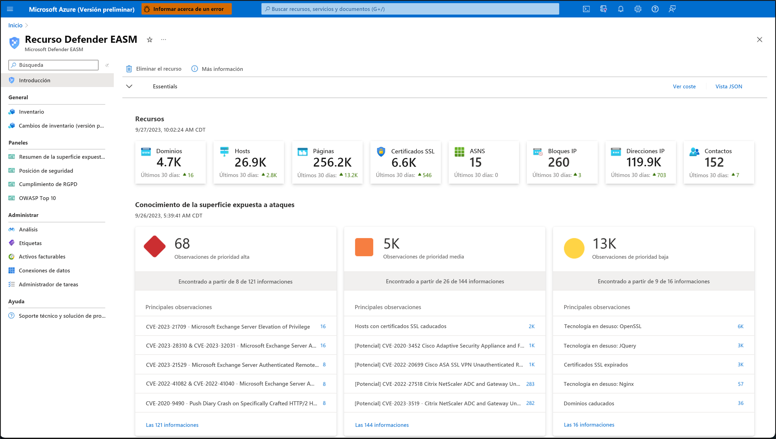 Screenshot showing the Microsoft Defender External Attack Surface Management dashboard.