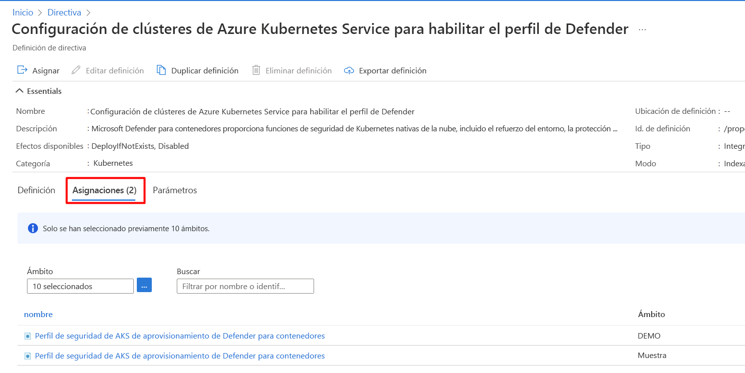 Captura de pantalla que muestra las asignaciones configuradas en la página Definición de directiva.